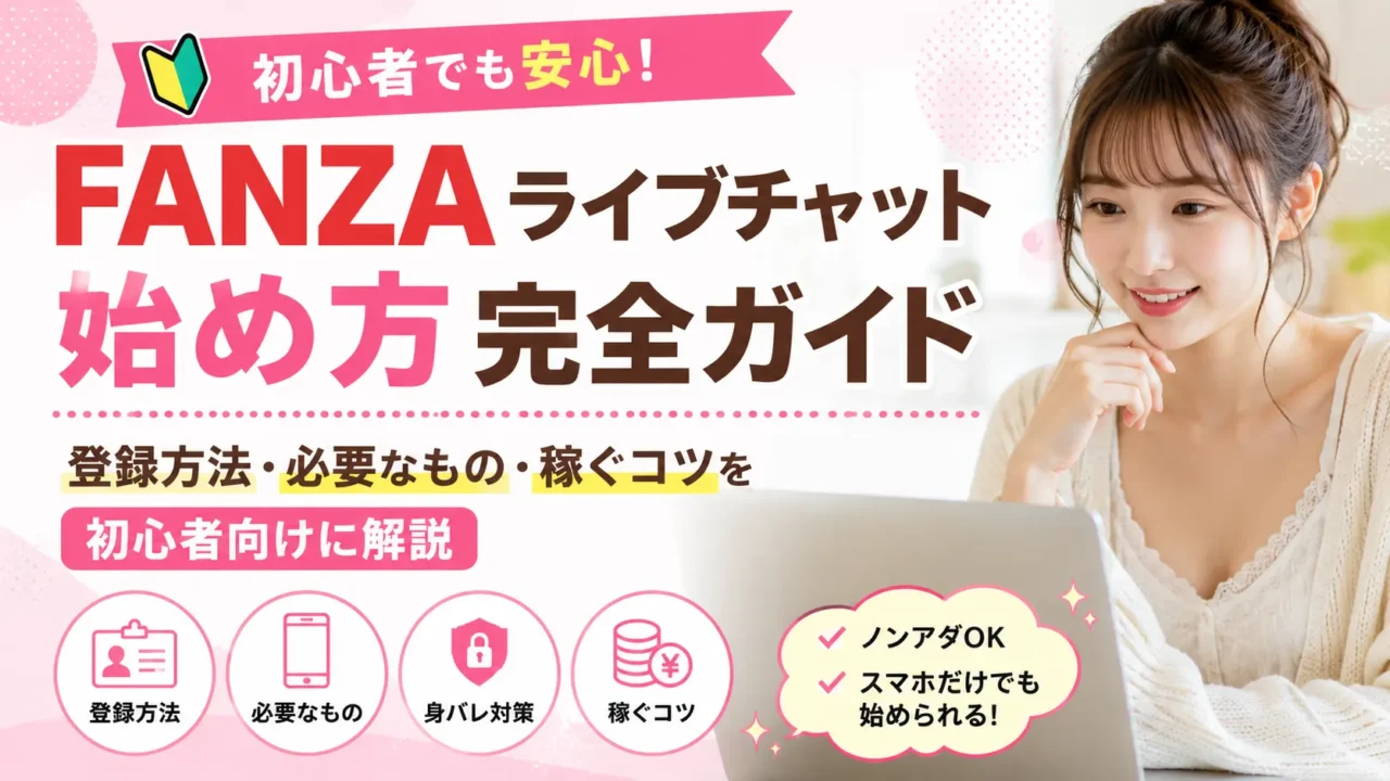 FANZAライブチャットの始め方完全ガイド｜登録方法や必要なもの、稼ぐコツを初心者向けに解説するアイキャッチ画像