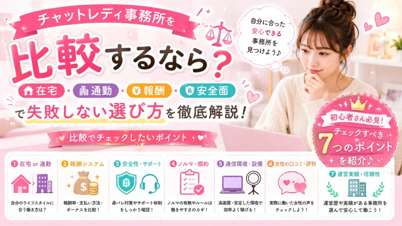 チャットレディ事務所を比較する際の在宅・通勤・報酬・安全面の違いや失敗しない選び方を解説するアイキャッチ画像