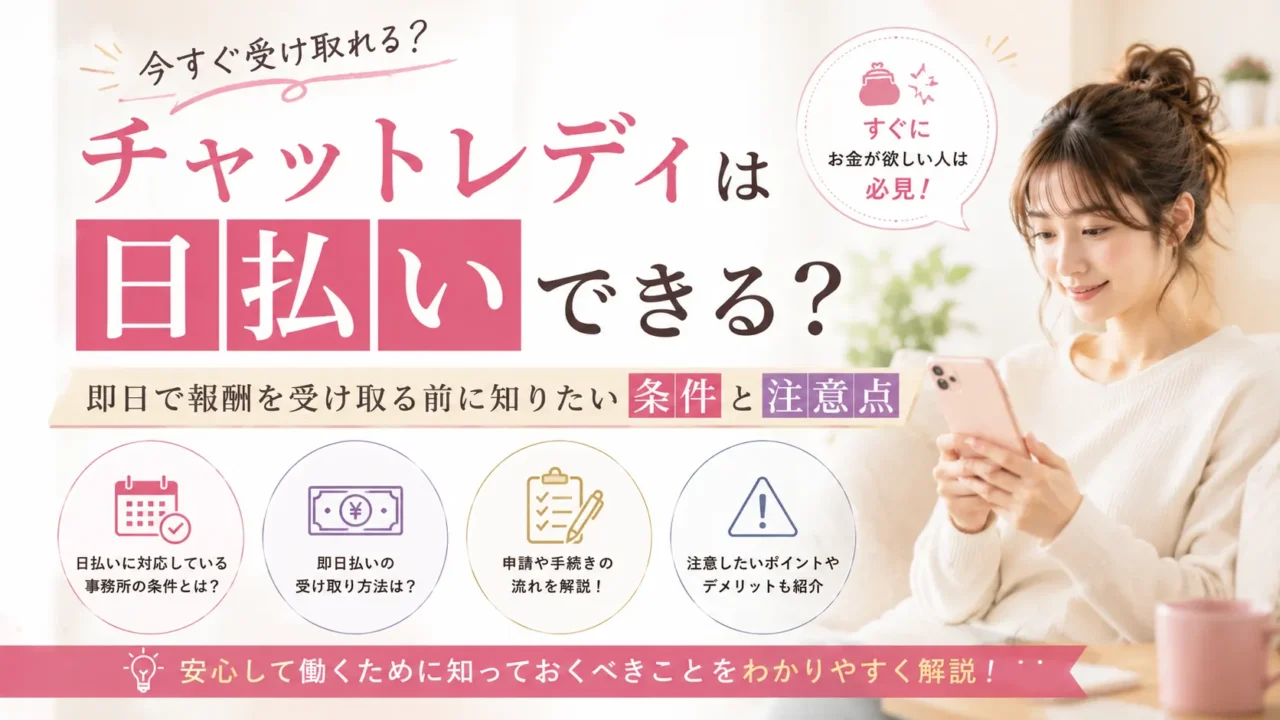 チャットレディの日払い制度や即日で報酬を受け取る条件、事前に知っておきたい注意点を紹介するアイキャッチ画像