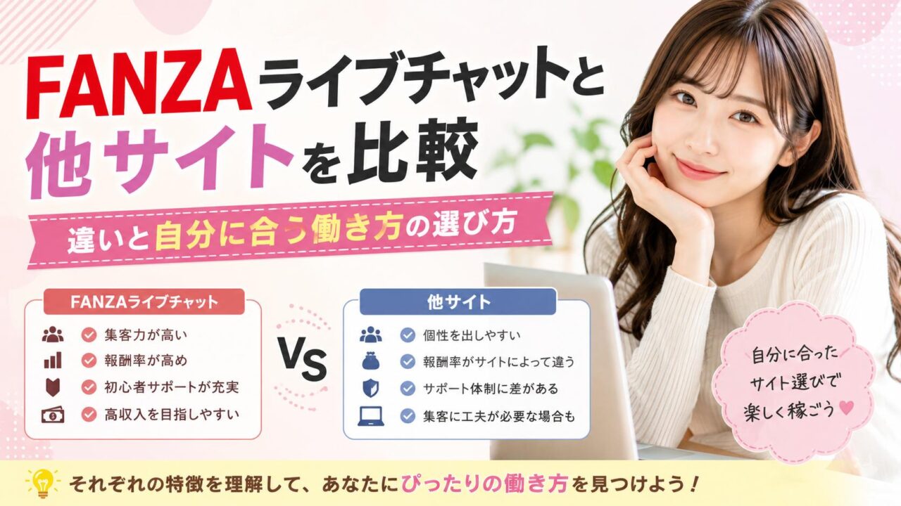 FANZAライブチャットと他サイトの違いを比較し、自分に合った働き方の選び方を解説するイメージ画像