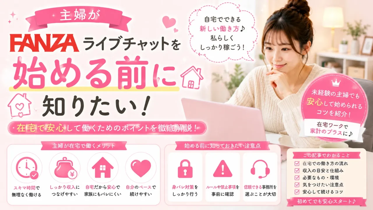 主婦がFANZAライブチャットを始める前に知りたい在宅の働き方や注意点を解説するアイキャッチ画像