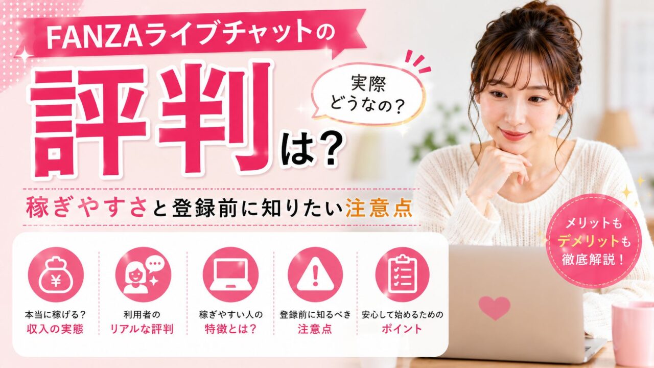 FANZAライブチャットの評判や口コミ、稼ぎやすさ、登録前に知っておきたい注意点について解説するアイキャッチ画像