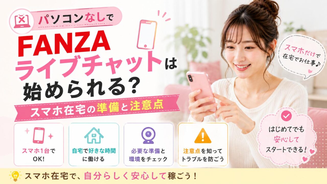 パソコンなしでFANZAライブチャットを始めたい人向けにスマホ在宅の準備と注意点を解説するアイキャッチ画像