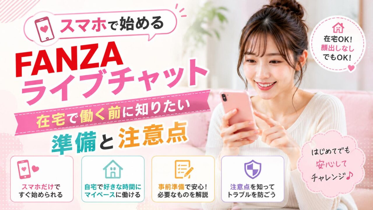 スマホで始めるFANZAライブチャットの準備と注意点を解説する在宅ワーク向けアイキャッチ画像