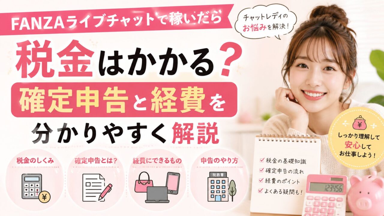 FANZAライブチャットで稼いだ場合の税金や確定申告、経費について分かりやすく解説する女性のアイキャッチ画像