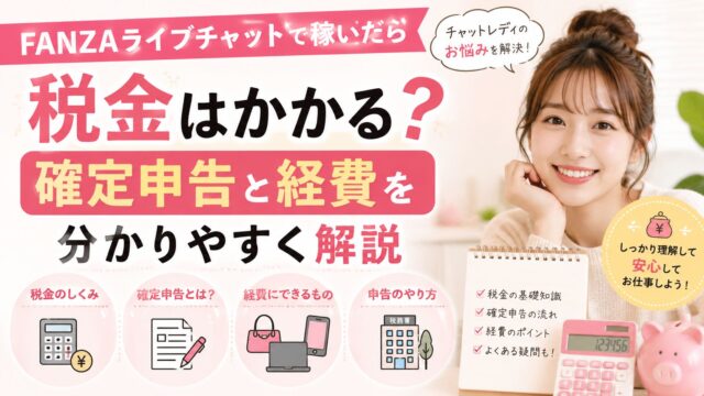 FANZAライブチャットで稼いだ場合の税金や確定申告、経費について分かりやすく解説する女性のアイキャッチ画像