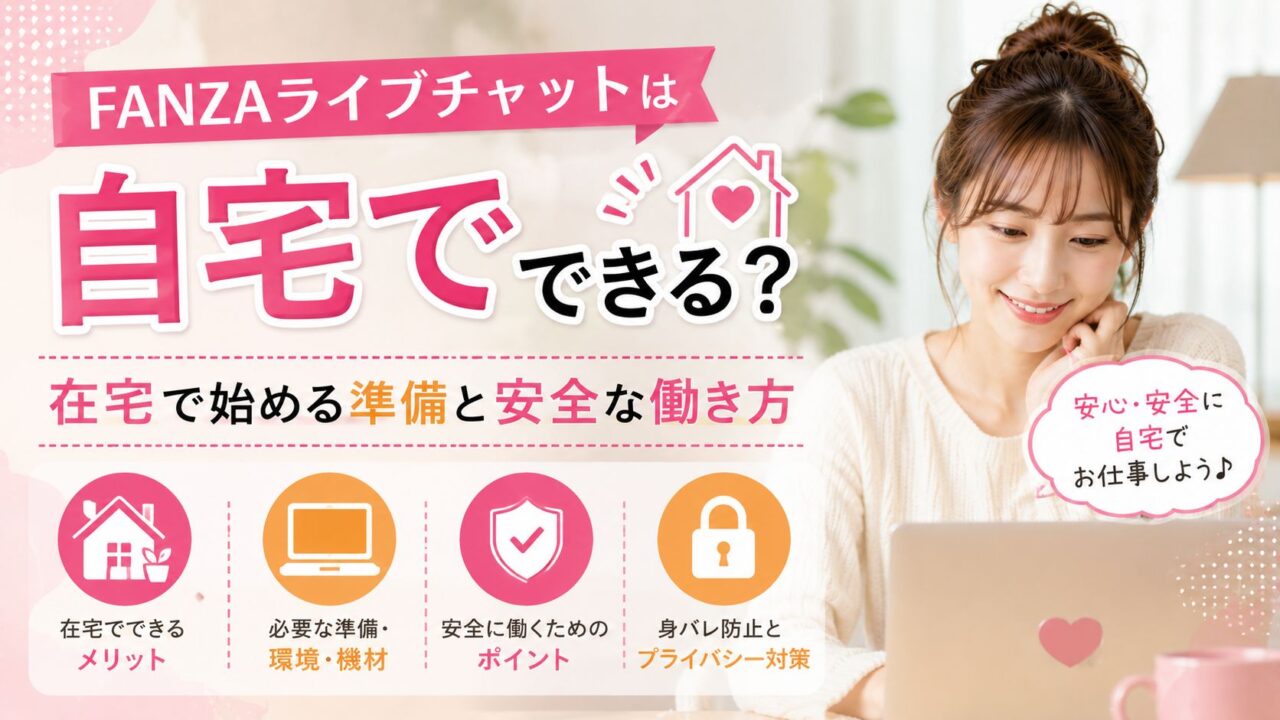 FANZAライブチャットを自宅で始める女性のイメージ。在宅で働くための準備や安全対策を解説するアイキャッチ画像。