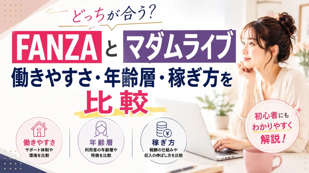 FANZAライブチャットとマダムライブの働きやすさや年齢層、稼ぎ方の違いを比較して紹介するアイキャッチ画像