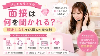 ジュエルライブの面接で聞かれる内容や顔出しなしで応募した実体験、登録までの流れを解説するアイキャッチ画像