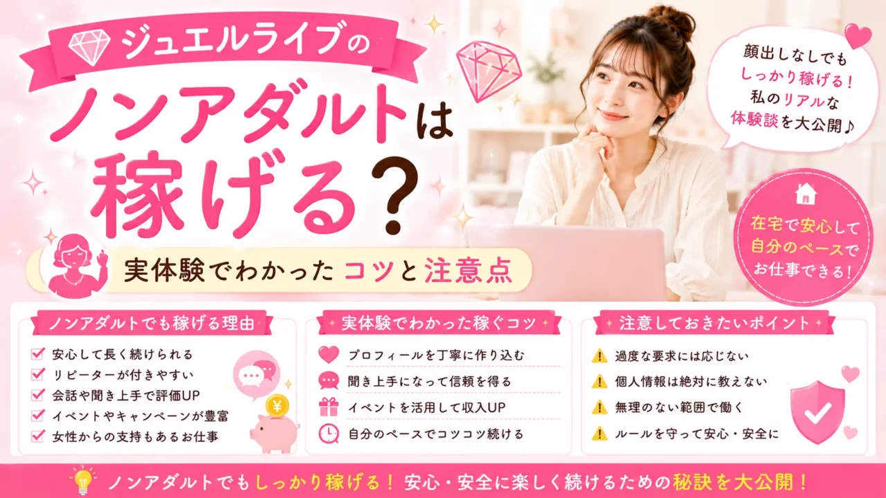 ジュエルライブのノンアダルト配信は稼げるのか、実体験から分かった収入アップのコツや注意点を詳しく解説します。