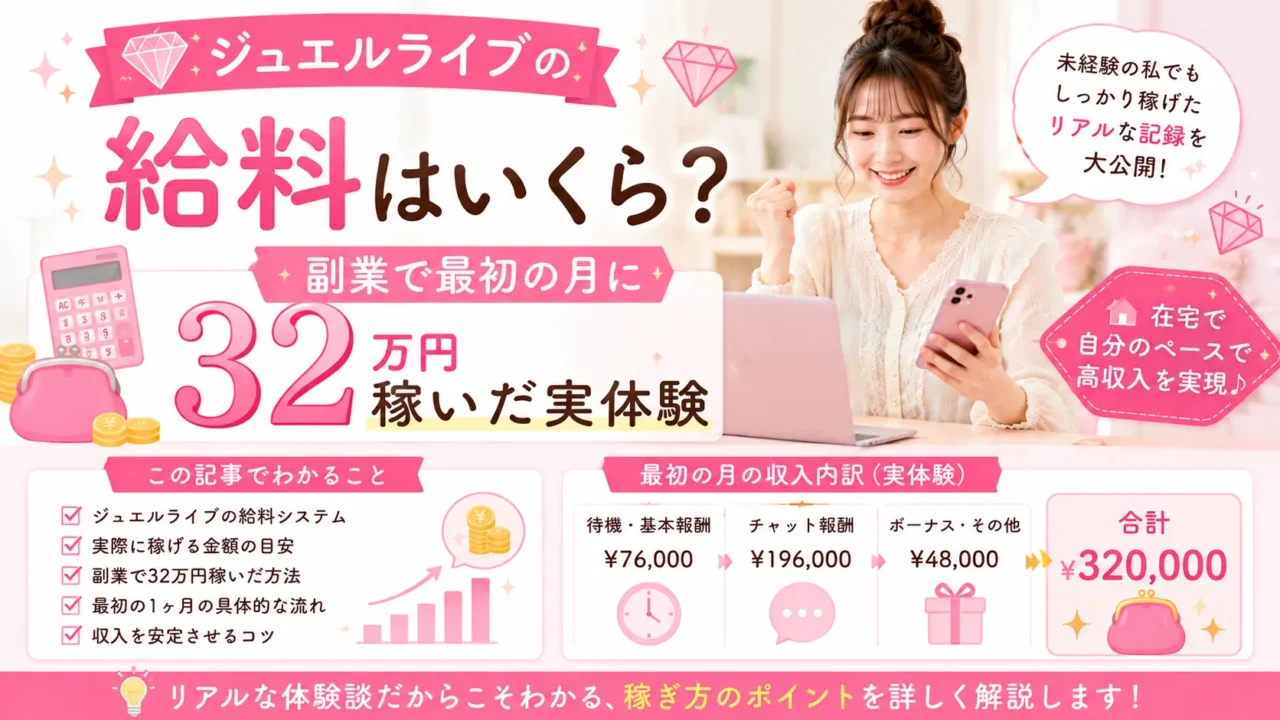 ジュエルライブの給料システムや収入の目安、副業で最初の月に32万円を稼いだ実体験と収入アップのコツを解説します。