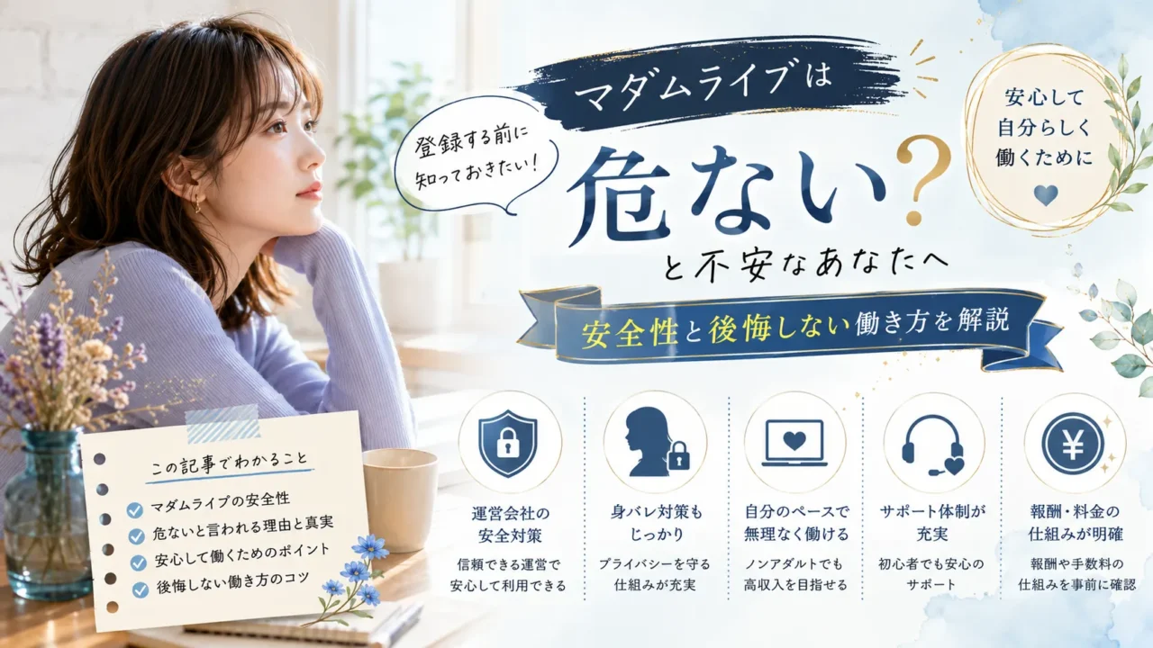 マダムライブは危ないのか、登録前に知っておきたい安全性や後悔しない働き方について解説するアイキャッチ画像
