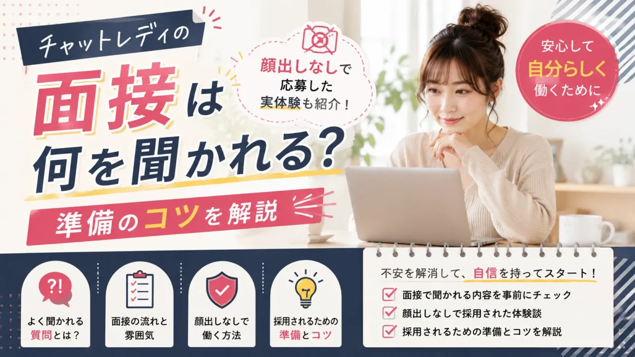 チャットレディの面接で聞かれる内容や顔出しなしで応募した実体験、採用されるための準備のコツを紹介するアイキャッチ画像