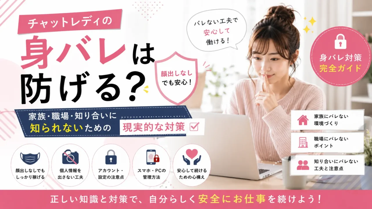 チャットレディの身バレを防ぐために、家族や職場、知り合いに知られない現実的な対策や注意点を紹介するアイキャッチ画像