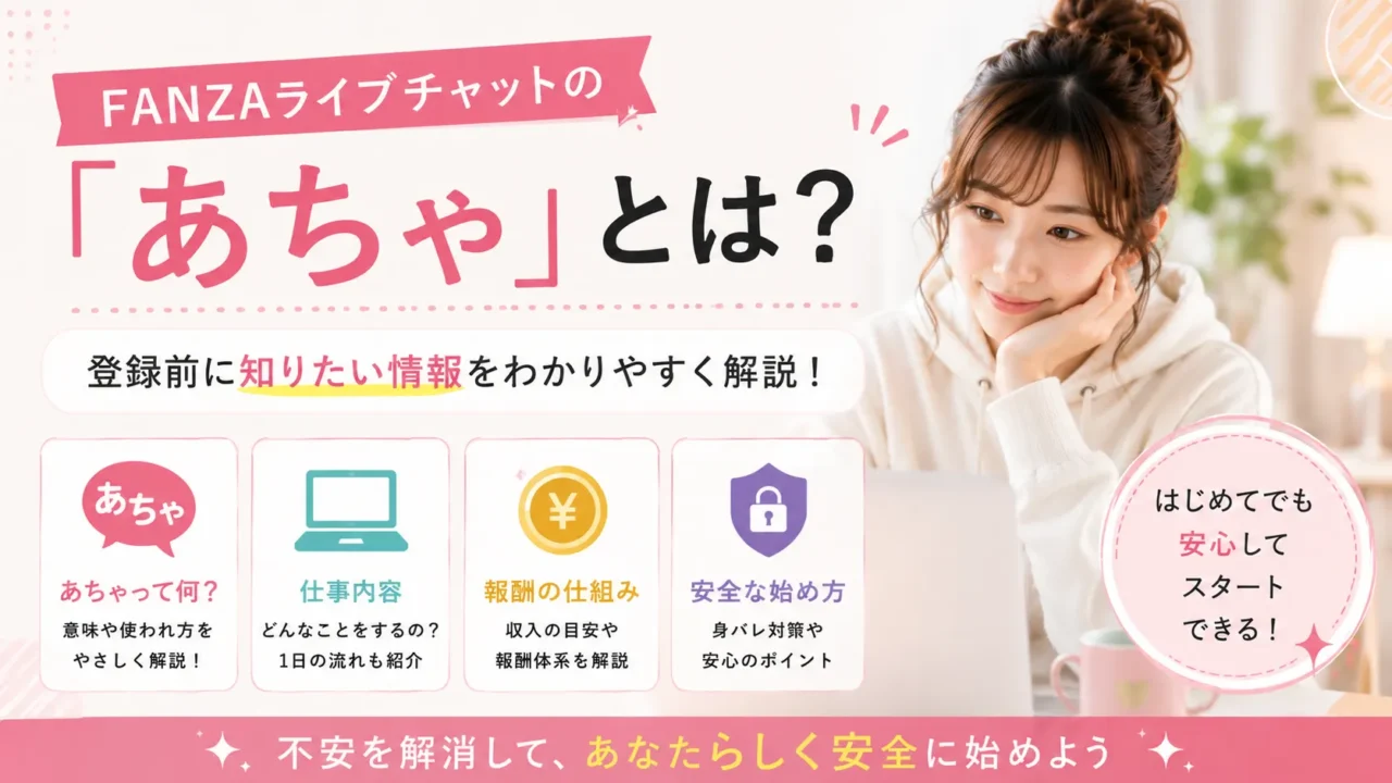 FANZAライブチャットの「あちゃ」の意味や仕事内容、報酬、安全な始め方を登録前にわかりやすく解説するアイキャッチ画像